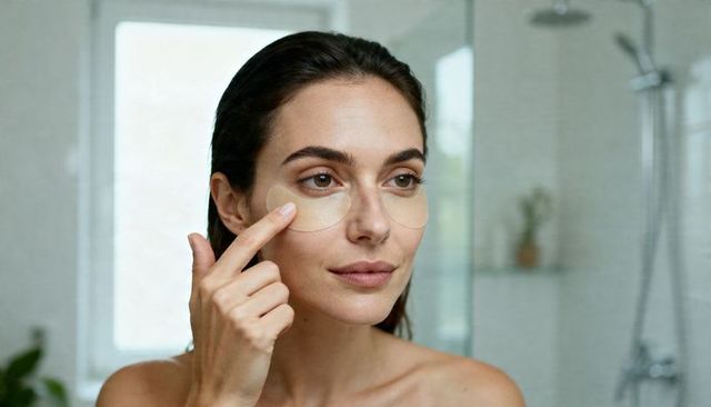Woman applying under-eye gel patches practicing minimal skincare morning routine