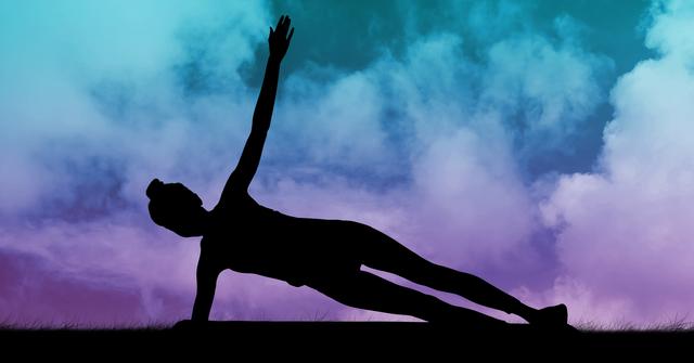 Digital composition of woman silhouette practicing yoga on grass against sky background