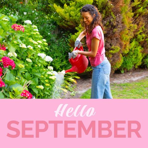 Welcome september: woman watering lush garden