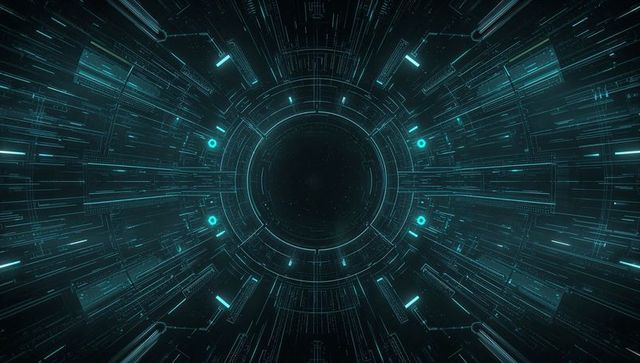 Pulsing cyber portal emitting teal radial circuits and ringed data tunnel in futuristic tech chamber