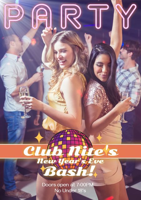 Ideal for promoting New Year's Eve events at clubs or bars. Highlights energy and excitement of celebrations with women dancing in glamorous outfits, setting the tone for a fun and festive night. Can be used on social media, event pages, or digital and physical flyers to attract attendees.