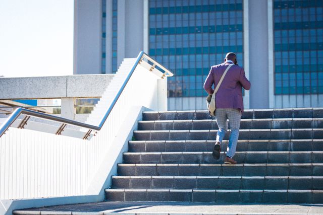 Businessman in professional attire climbing stairs while talking on smartphone in corporate park. Ideal for use in business, career, and lifestyle contexts, showcasing urban professional life, modern work environments, and success.
