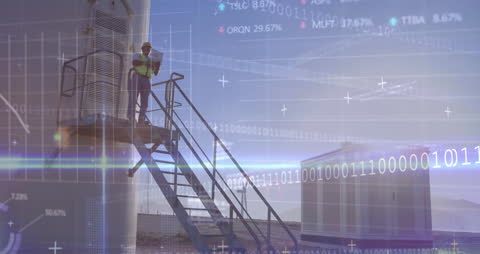 Engineer Inspecting Wind Turbine with Financial Data Overlay