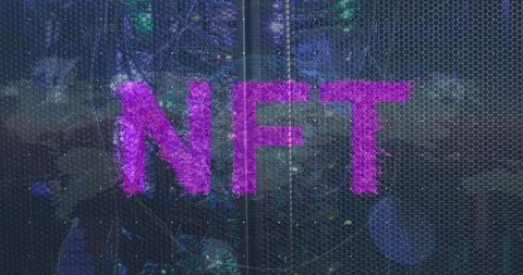 Glowing Magenta NFT Typography on Digital Hex Grid Background