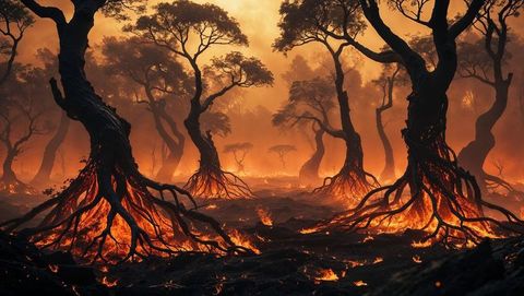 Surreal Fiery Enchanted Forest with Flaming Trees and Roots