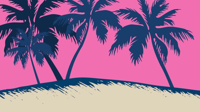 Mesmerizing digital art showcasing palm tree silhouettes against a bold pink background, evoking tropical and sunset vibes. Useful for decorative arts, posters, websites promoting tropical destinations, or holiday-themed digital designs aiming to convey relax and serene environments.