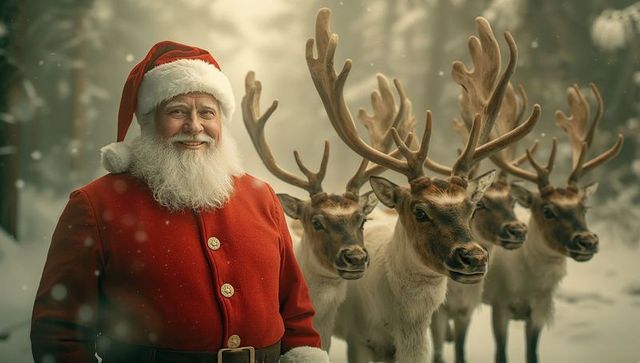 Santa Claus with Reindeer in Winter Wonderland
