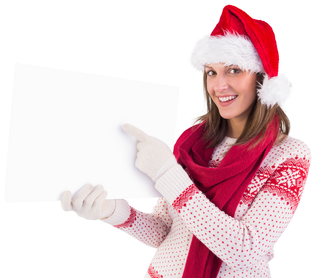 Smiling Woman in Santa Hat Pointing at Transparent Blank Banner - Download Free Stock Videos Pikwizard.com