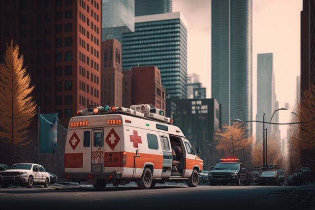 Ambulance in city street with clouded sky, created using generative ai technology. Ambulance and emergency medical services concept digitally generated image.