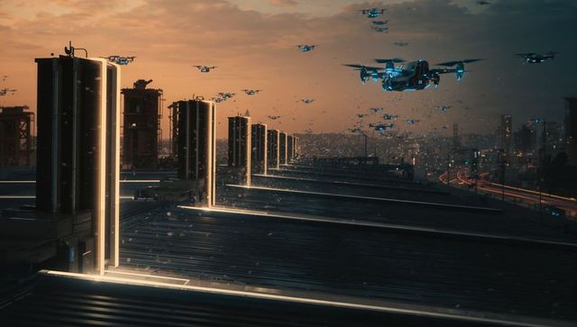 Futuristic Drone Hovering Over City Rooftop at Dusk