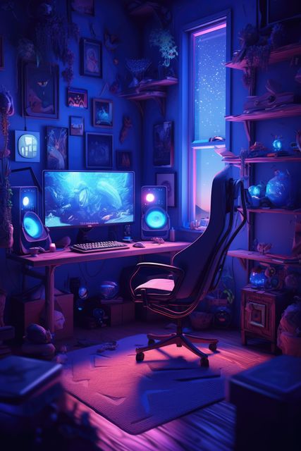 Room with screen with video game and gaming chair, created using generative ai technology. Gaming setup background concept digitally generated image.