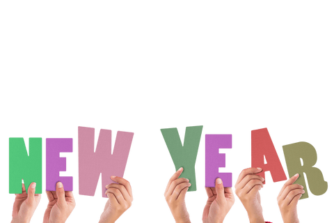 Hands holding colorful letters spelling new year transparent background
