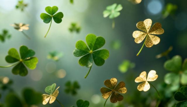 Floating four-leaf clovers with golden glitter, dreamy emerald bokeh and magical sparkle