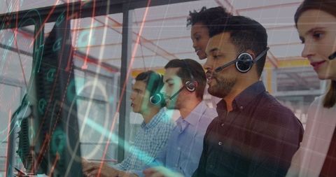 Diverse customer support team working with technology analytics