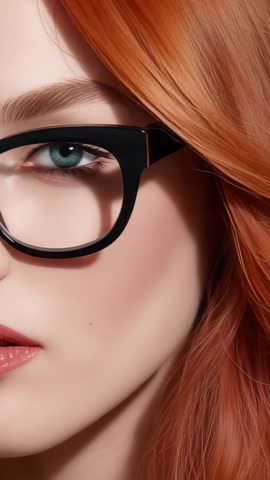 Redhead woman wearing black glasses turning head and shifting gaze in vertical portrait