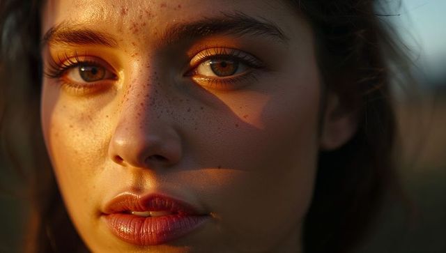 Young woman gazing during golden hour showing freckles, long lashes and sunlit skin