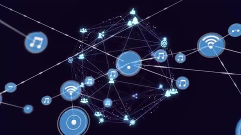 3D Digital Network with Flowing Data Icons and Connectivity