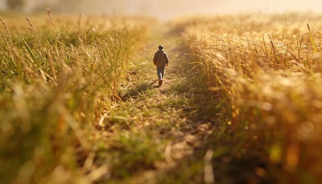 Solitary child walking along golden meadow path at sunset wearing brown jacket and beanie