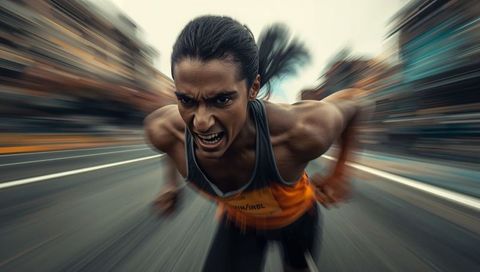 Explosive Female Sprinter Charging Through Urban Street With Intense Focus And Motion Blur
