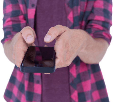 Midsection Person Tapping Phone Touchscreen in Casual Pink Checkered Shirt Transparent - Download Free Stock Videos Pikwizard.com