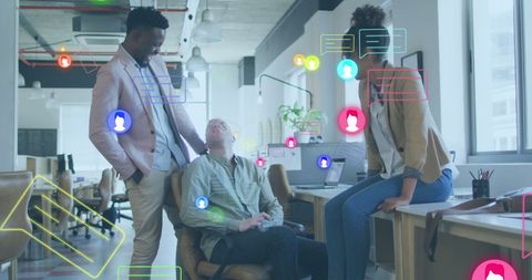 Digital Collaboration Icons in Vibrant Office Space