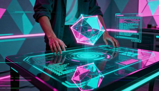 Cyberpunk coder manipulating holographic wireframe interface on neon glass workstation