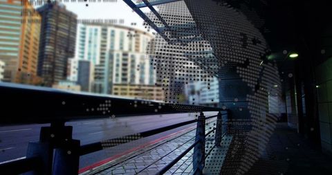 Global Business Concept with Digital Globe Overlay on Urban Cityscape