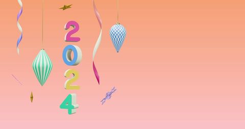 Colorful 2024 celebration with festive decorations on pink background