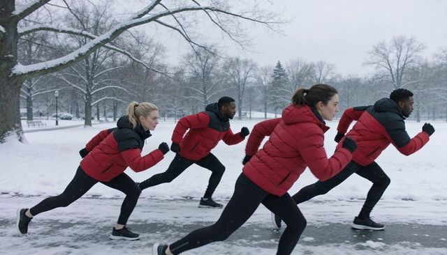 Team sprinting in snowy park wearing red puffer jackets and black leggings for winter training