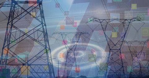 Futuristic smart grid technology concept with power lines