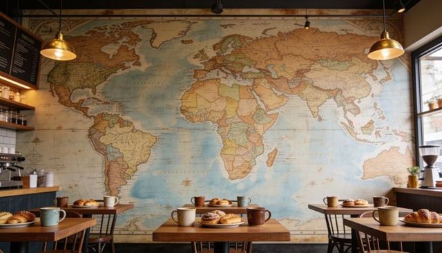 Vintage world map mural in cozy rustic cafe with pastries and warm pendant lighting