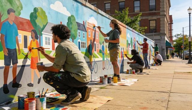 Volunteer mural artists painting vibrant neighborhood wall on sunny urban sidewalk