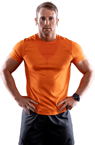 Muscular Man in Orange Sportswear on Transparent Background