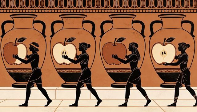 Marching black-figure procession carrying apples across amphora frieze in terracotta