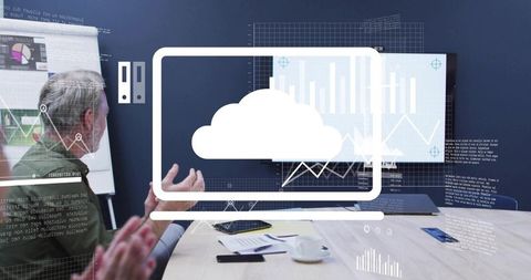 Business Team Presenting Cloud Data Analytics in Boardroom with Digital Dashboard Overlays