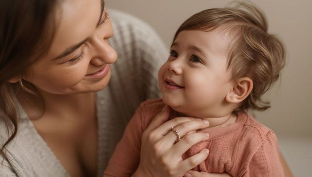 Mother smiling while cuddling baby and holding tiny hand, warm intimate family moment