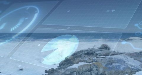 Futuristic Coastal HUD Overlay Showing Rocky Shoreline, Breaking Waves and Radar Interface