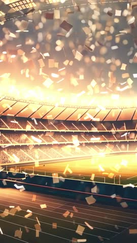 Vertical stadium celebration video showing golden confetti shower and illuminated running track