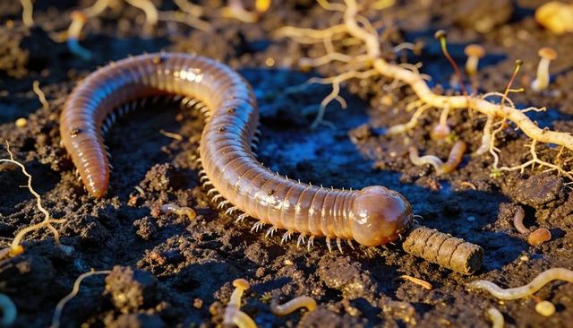 Macro brown millipede crawling on garden soil with roots and soil pellet