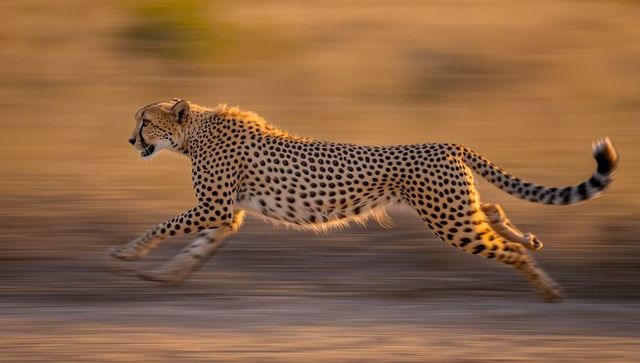 Cheetah sprinting at golden hour across savannah with motion-blurred rim light and dust