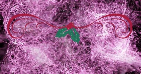 Magenta light streaks framing maroon flourish with emerald holly and crimson bow banner