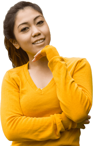 Transparent Portrait Young Woman Smiling Hand on Chin Yellow Sweater Outside