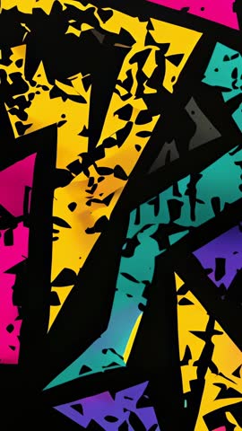 Vertical graffiti lightning bolt loop with vibrant neon shards and geometric grit