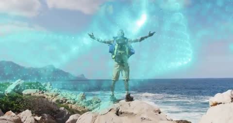 Hiker Surrounded by Enchanting Turquoise Swirls on Rocky Coast