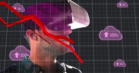 Man in VR Headset Analyzing Virtual Cloud and Data Graphs