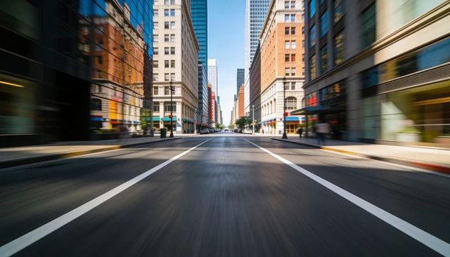 Leading urban avenue converging to vanishing point with motion blur and glass storefronts