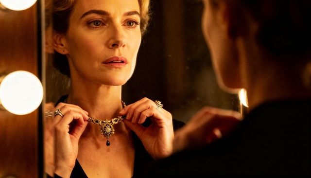 Mature woman fastening ornate vintage gold necklace at vanity mirror backstage glamour