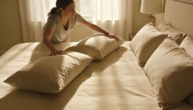 Woman arranging neutral bedding and oversized pillows on sunlit king bed for cozy morning
