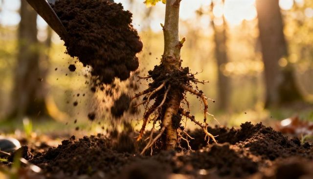 Planting sapling with exposed roots as rich soil is poured during golden hour in forest