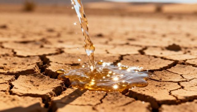 Water pouring on cracked clay, sparkling puddle forming on parched desert ground
